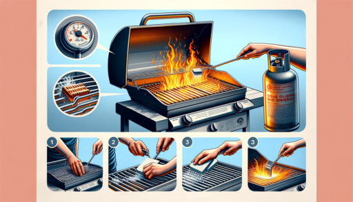 Illustration horizontale et réaliste décrivant le processus de nettoyage du gril d'un barbecue à gaz, incluant le chauffage du gril, le débranchement du carburant, et le nettoyage minutieux avec une éponge et une brosse métallique