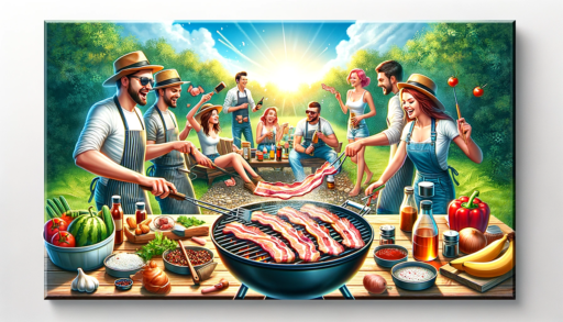 Illustration horizontale et réaliste d'un groupe d'amis se réunissant autour d'un barbecue en été, en train de mariner du bacon sur le gril, avec des ingrédients et des ustensiles comme des marinades, des pinceaux et des épices.