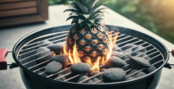 Un barbecue en train d'être allumé avec des ananas, méthode unique pour démarrer le feu, avec des flammes naissantes interagissant avec le charbon de bois
