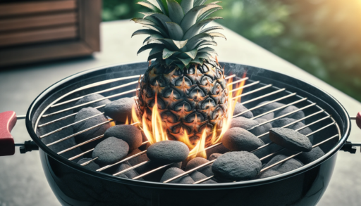 Un barbecue en train d'être allumé avec des ananas, méthode unique pour démarrer le feu, avec des flammes naissantes interagissant avec le charbon de bois