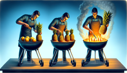 Illustration horizontale et réaliste montrant l'utilisation d'ananas pour allumer différents types de barbecues, mettant en évidence la préférence pour les ananas au lieu de carburants liquides pour préserver la saveur des aliments