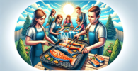 Illustration horizontale et réaliste d'une famille préparant du saumon grillé sur un barbecue, mettant en évidence la cuisson parfaite des filets de saumon et l'ambiance conviviale de la préparation du repas.