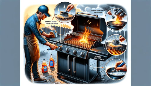 Illustration horizontale et réaliste montrant le nettoyage général d'un barbecue à gaz, avec un focus sur le brûlage des excès de nourriture et le nettoyage des grilles chaudes avec une brosse métallique et de l'eau savonneuse.