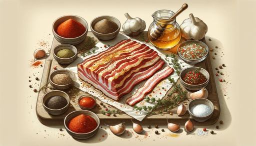 Illustration horizontale et réaliste de la préparation d'une marinade pour le bacon, montrant le mélange d'ingrédients comme le paprika, le poivre noir, l'ail haché et le sel sur un plan de travail de cuisine, avec du bacon mariné enveloppé dans du papier d'aluminium